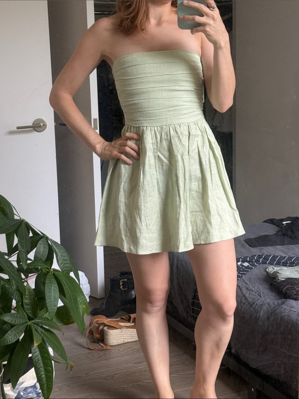 Strapless Sage Green Summer Mini Dress